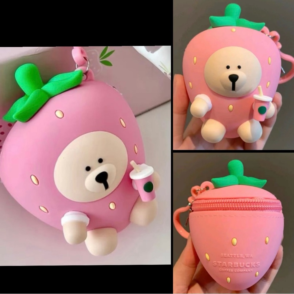 Starbucks Strawberry Barista Bear silicone zipper pouch w/ bag clip / RARE / NEW